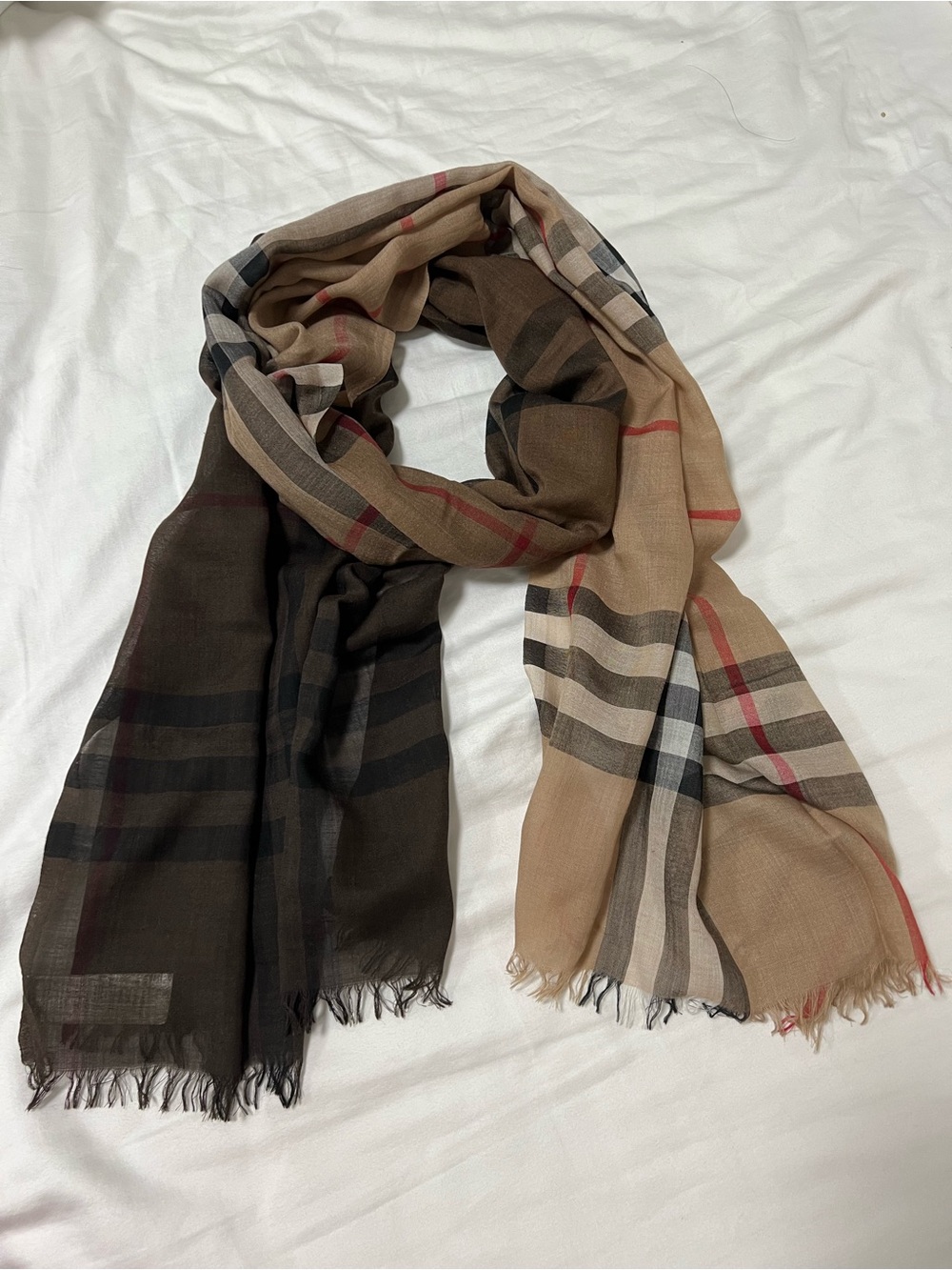 Burberry Two-Tone Check Scarf in Beige and Brown with Red Accents